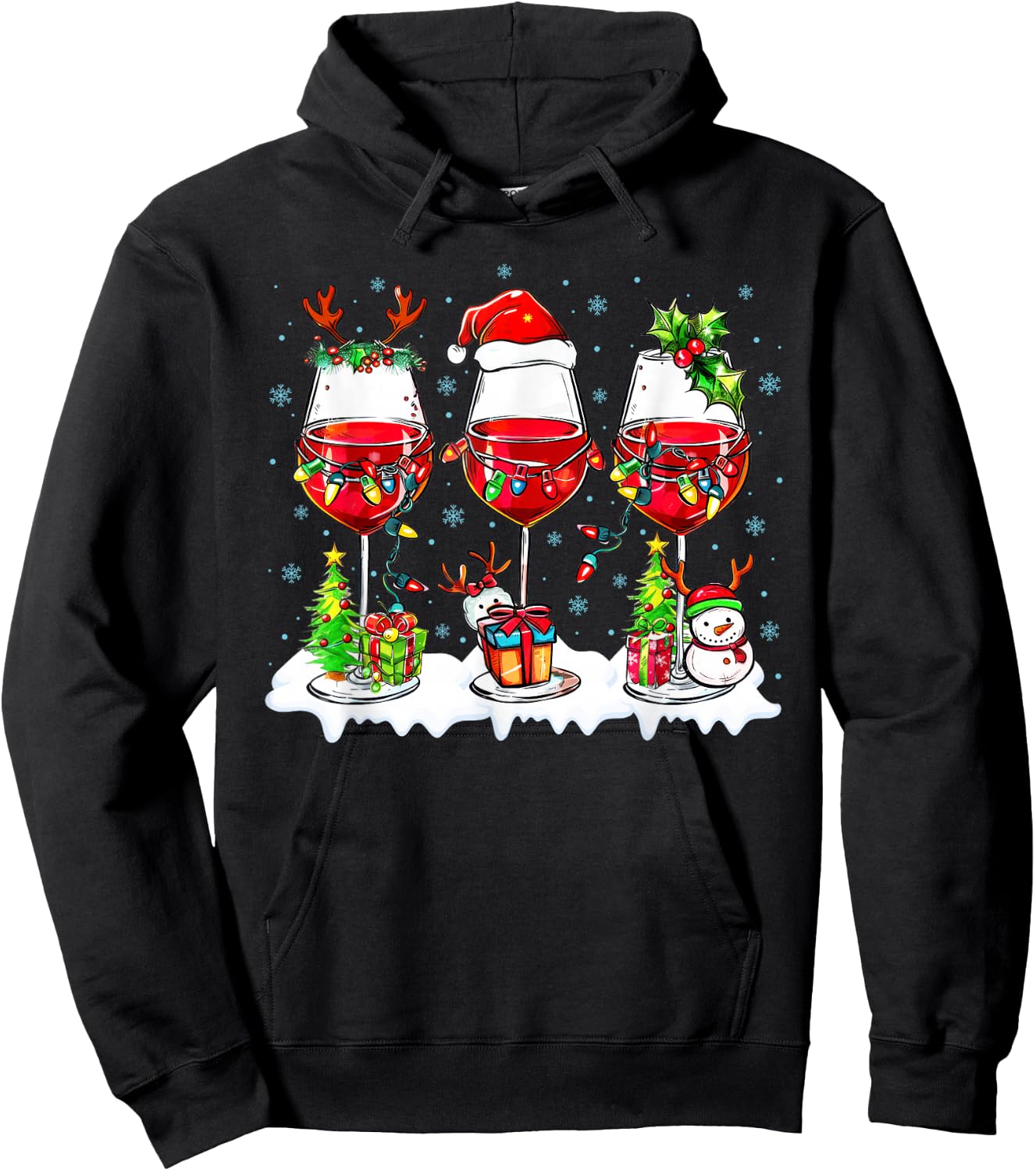 Wine Glass Santa Hat Xmas Funny Christmas 2025 Men Women Hoodie - Hoodie | Black