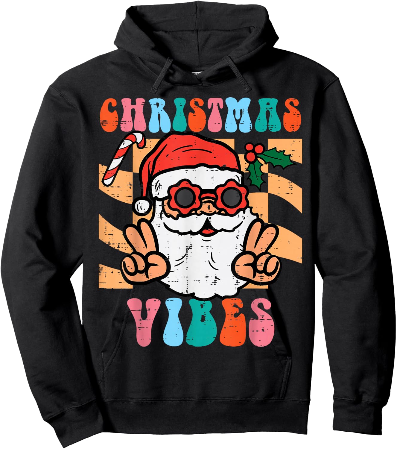 Groovy Santa Peace Christmas Vibes Retro Xmas Men Women Kids Hoodie - Hoodie | Black