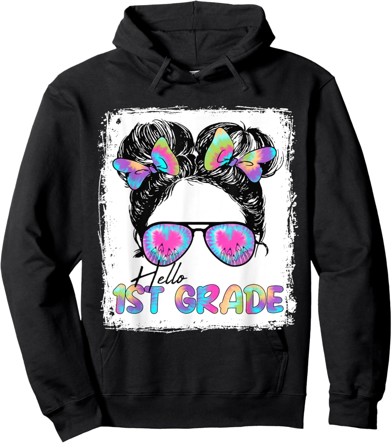 Hello 1st Grade Messy Hair Bun Girl Back To School First Day Hoodie - Hoodie | Black