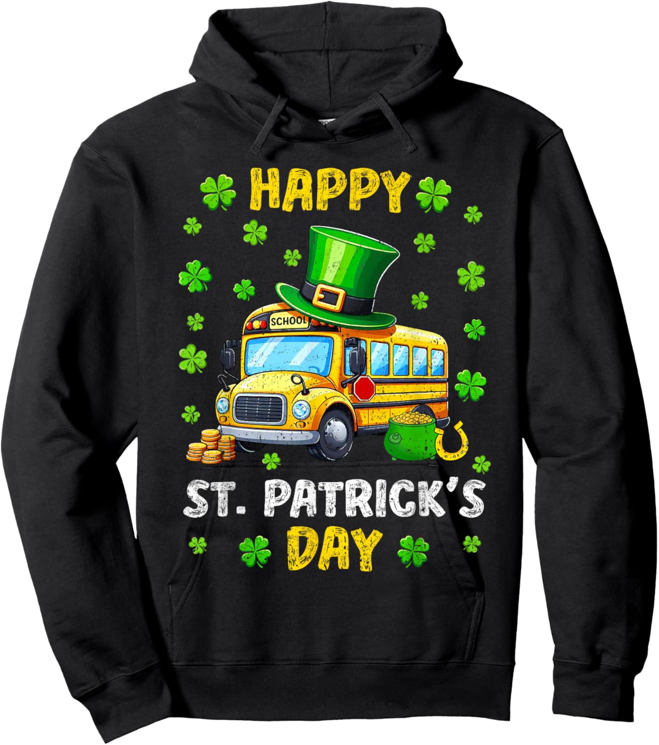 Vintage Happy St. Patrick's Day School Bus Shamrocks Driver Hoodie - Hoodie | Black