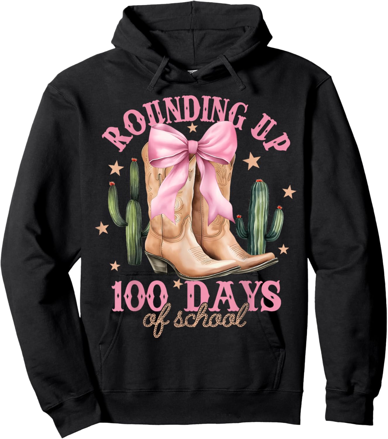Rounding Up 100 Days Of School Pink Coquette Bow Teacher Hoodie - Hoodie | Black