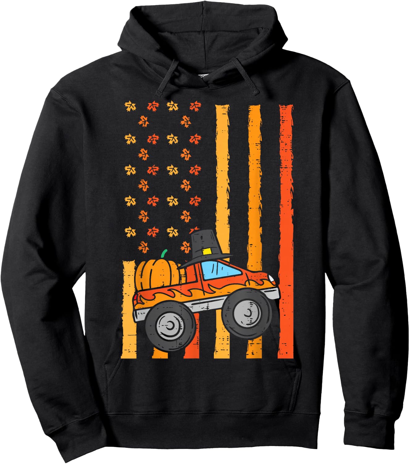 Thanksgiving Monster Truck US Flag Fall Toddler Boys Kids Hoodie - Hoodie | Black