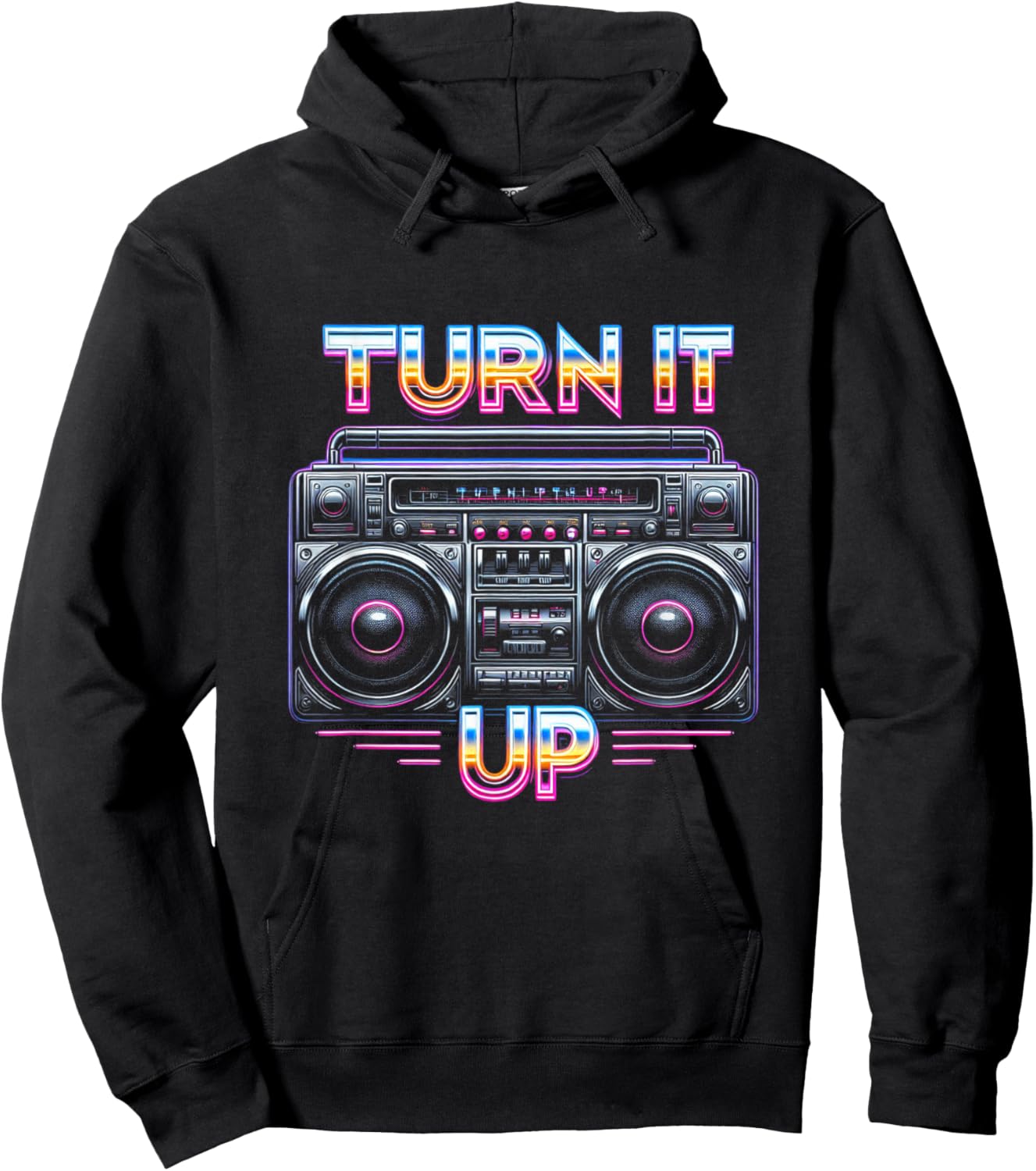 Retro Boombox Turn It Up Style Graphic Hoodie - Hoodie | Black