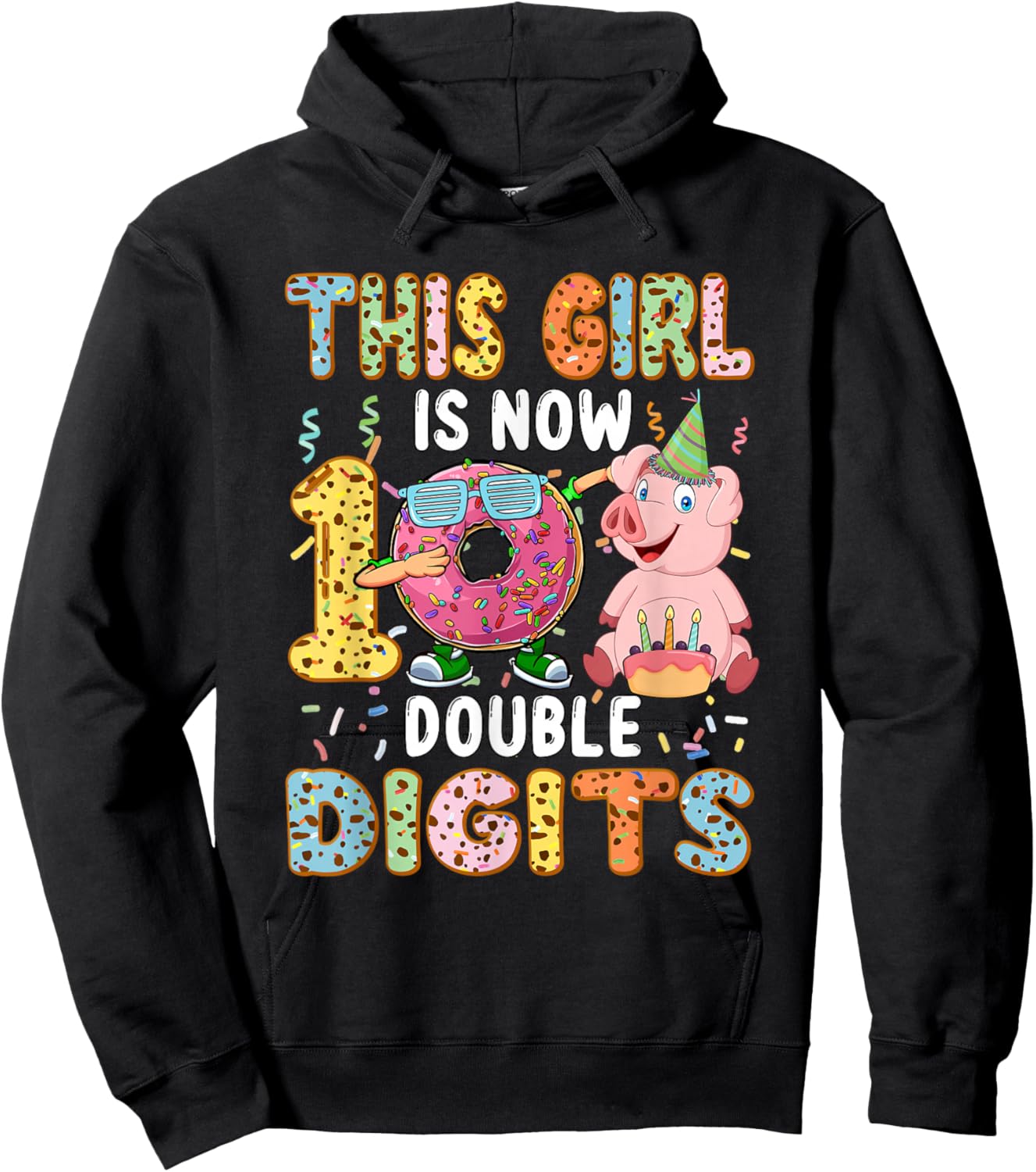 Girl Costume 10 Double Digits Funny 10th Birthday Pig Hoodie - Hoodie | Black