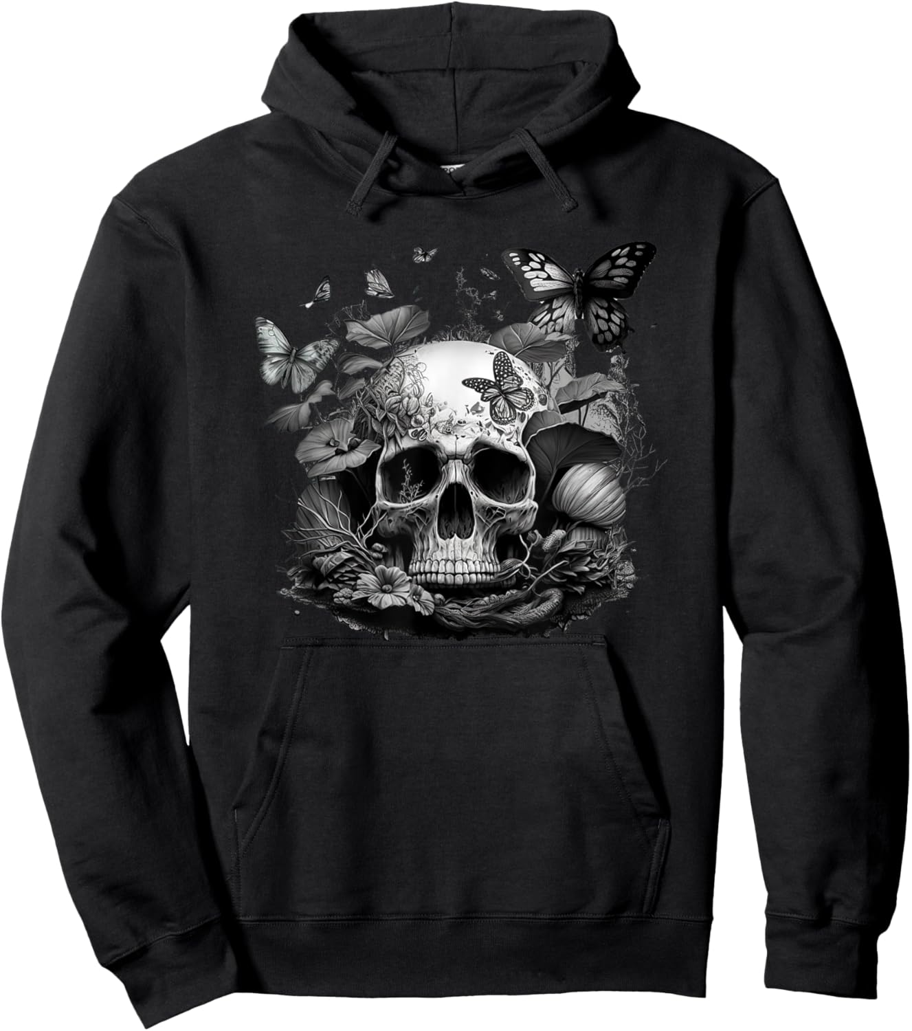 Skull with Vibrant Butterfly flower and mushroom Hoodie - Hoodie | Black