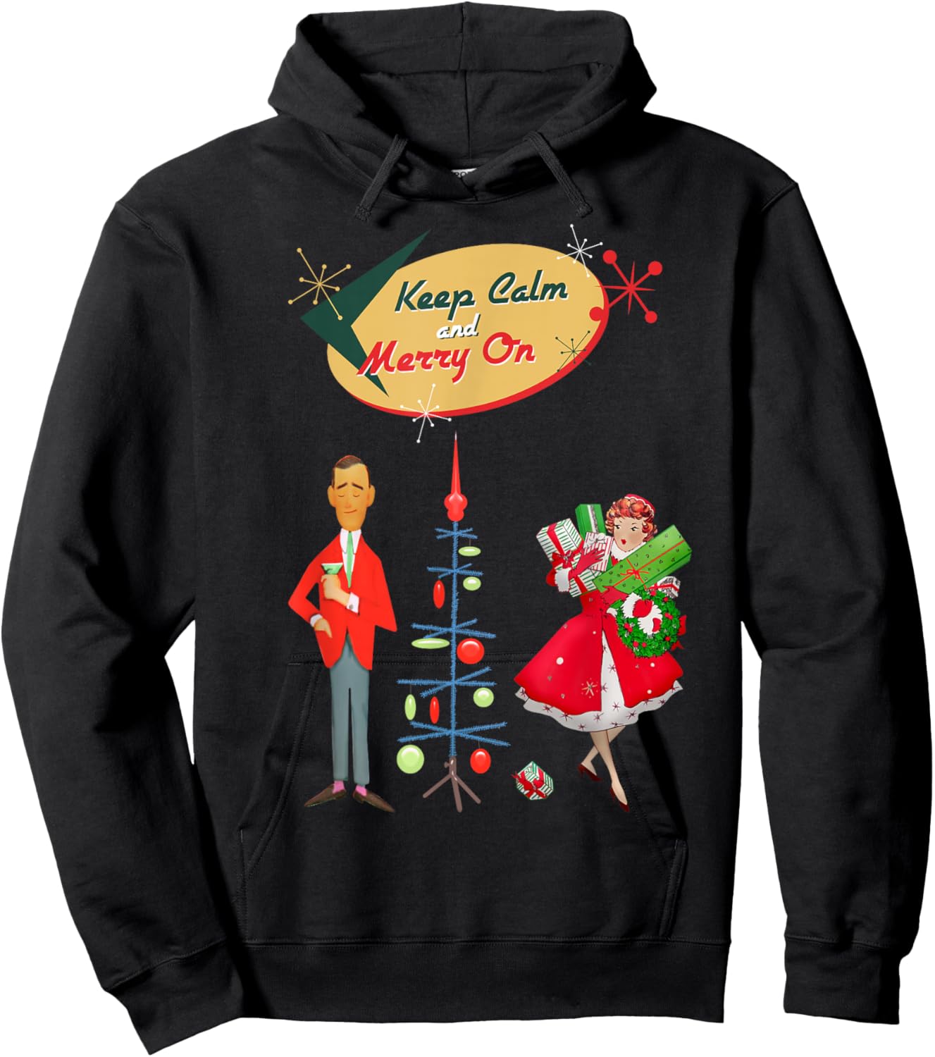 Retro Mid Century Christmas Keep Calm and Merry On Funny Hoodie - Hoodie | Black