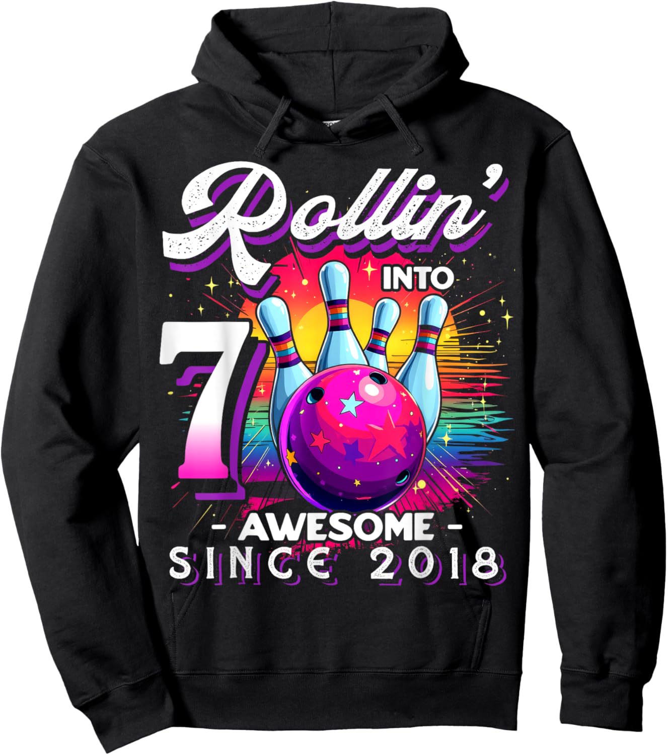 Bowling Party Rollin' 7 Awesome 2018 7th Birthday Girls Hoodie - Hoodie | Black