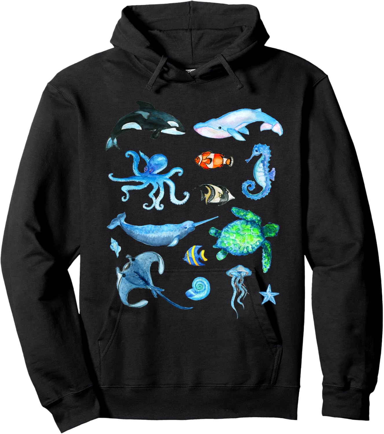 Watercolor Sea Animals Kids Ocean Wildlife Marine Creatures Hoodie - Hoodie | Black