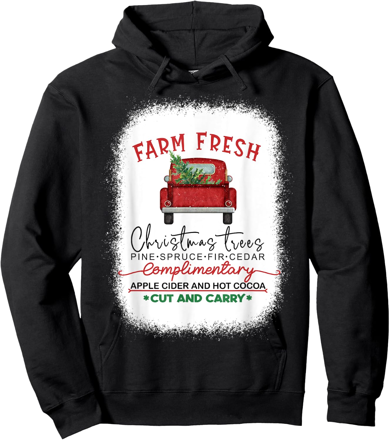 Farm Fresh Red Truck Christmas Tree Bleached Hoodie - Hoodie | Black
