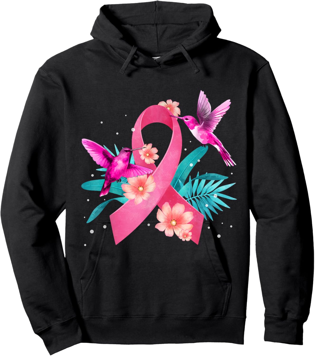 Hummingbird Breast Cancer Awareness Pink Ribbon Flowers Hoodie - Hoodie | Black