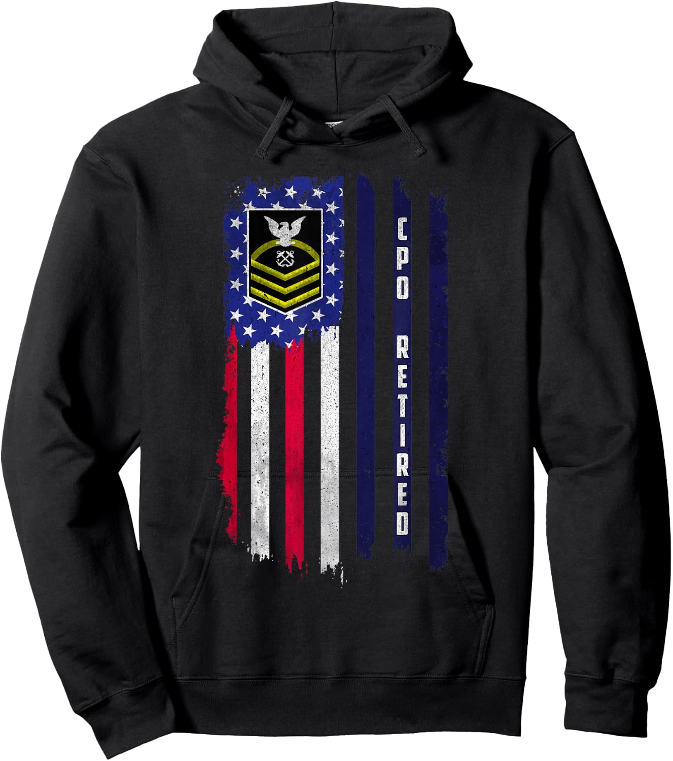 Retired E-7 Chief Petty Officer CPO Rank American Flag Papa Hoodie - Hoodie | Black