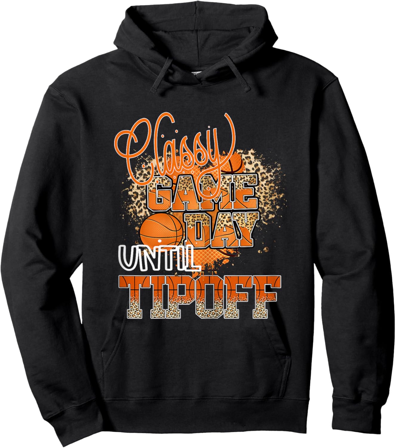 Classy Until Tip-off Leopard Print Basketball Fan Messy Bun Hoodie - Hoodie | Black
