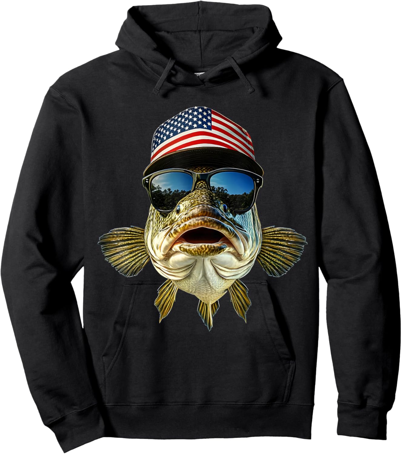 Bass Fishing Outfit USA Flag America Cap and Sunglasses Hoodie - Hoodie | Black