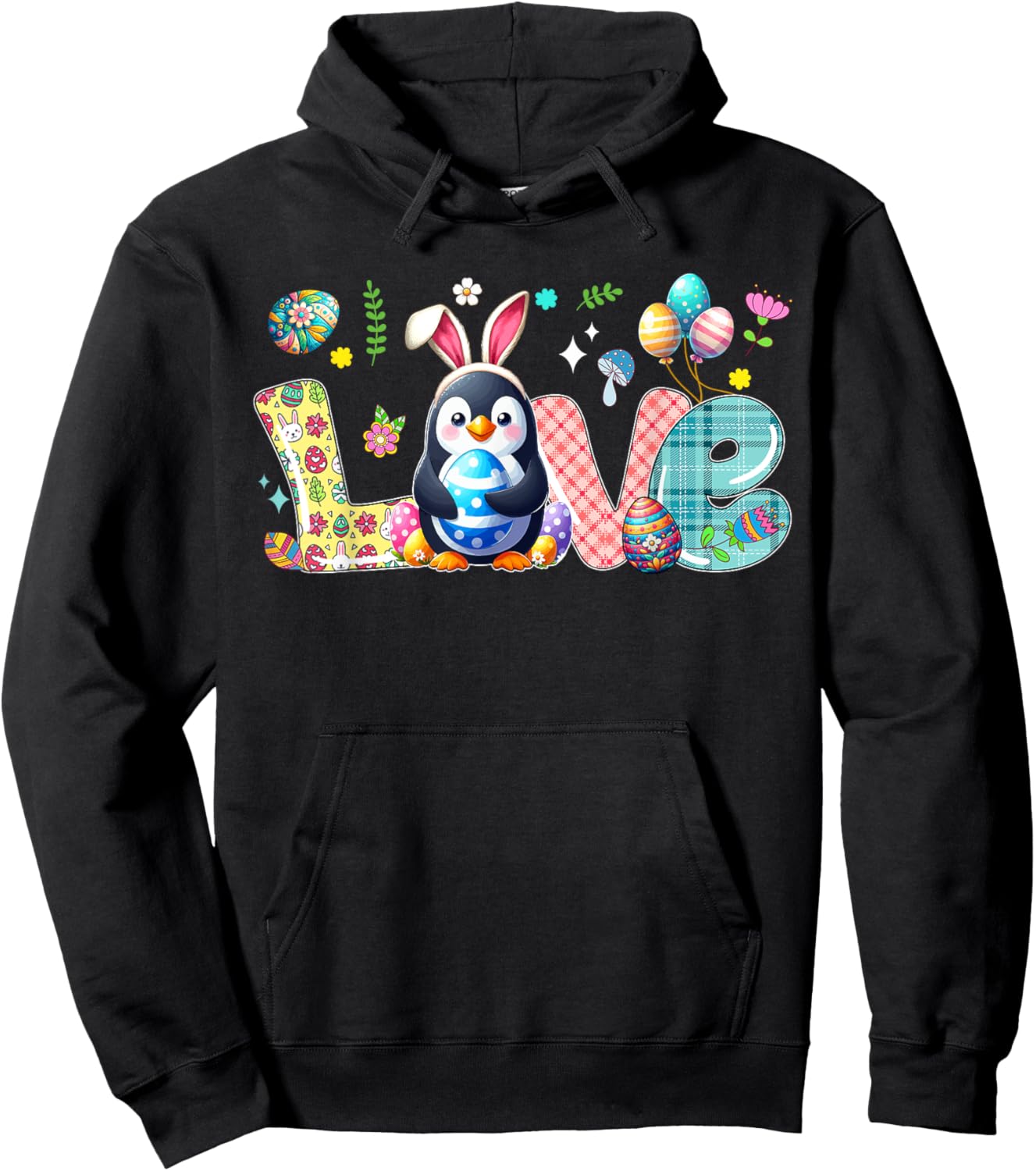 Love Easter Bunny Penguin Hunting Eggs Flowers Colourful Hoodie - Hoodie | Black