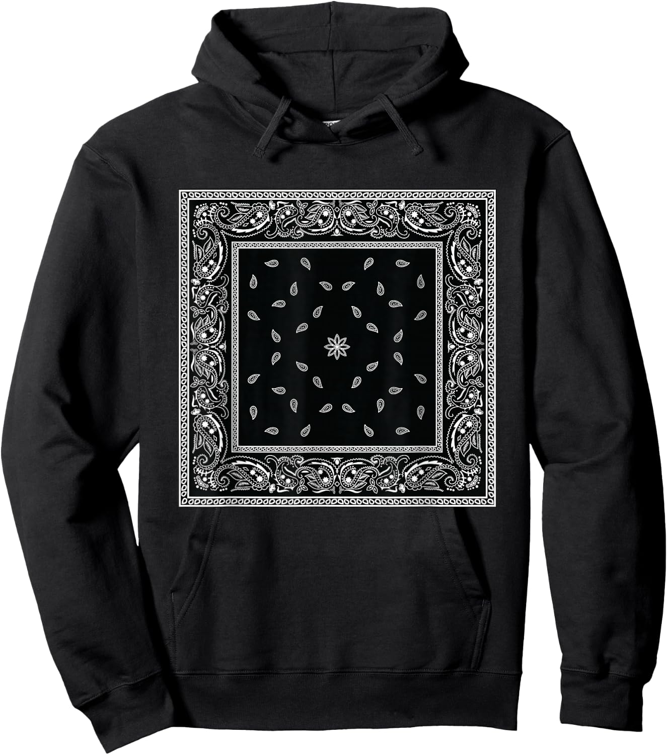 Men's Black White Bandana Print Black Paisley Pattern Hoodie - Hoodie | Black