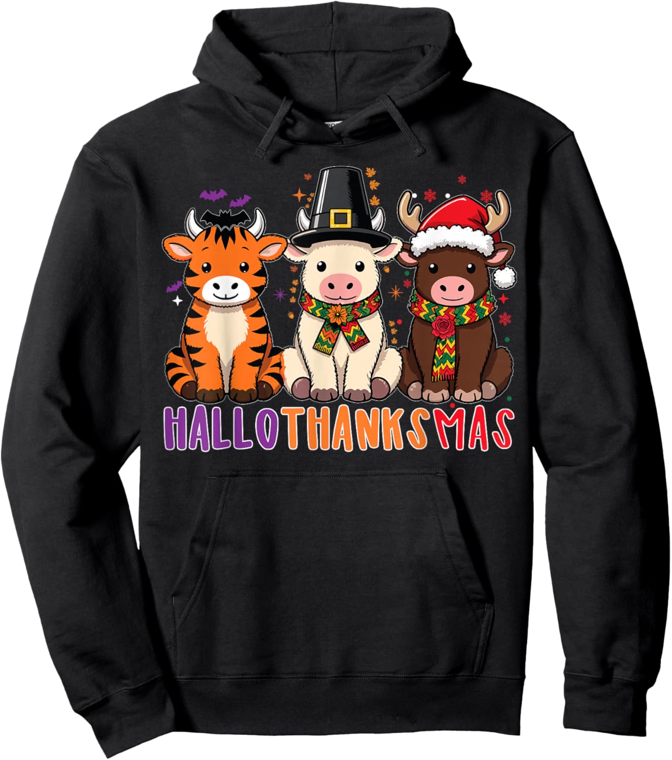 Highland Cow Hallothanksmas Christmas Holiday Hoodie - Hoodie | Black