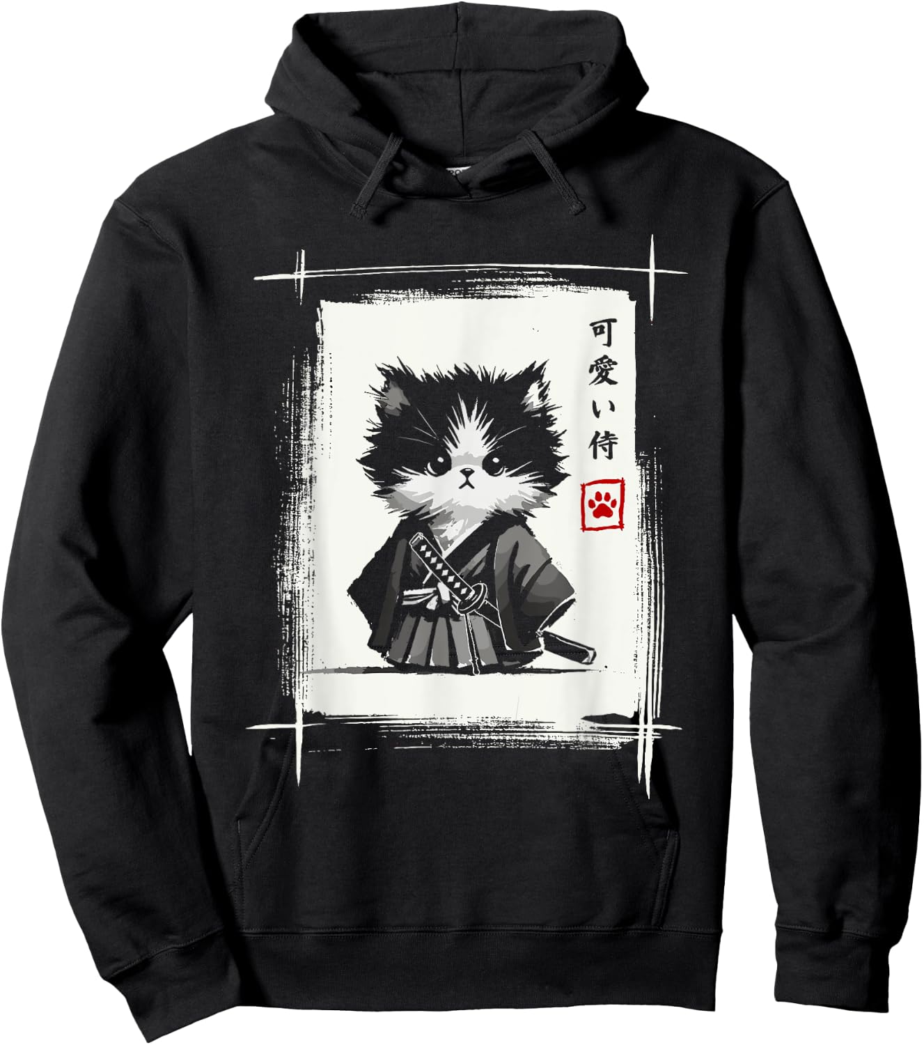 Samurai Cat Japanese Art Sumi-e Novelty Kawaii Funny Cat Hoodie - Hoodie | Black