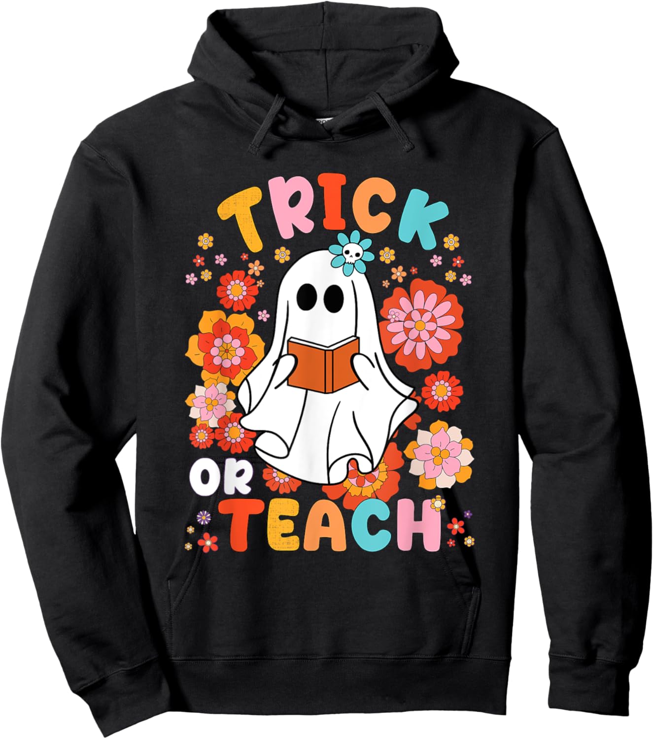 Groovy Halloween Trick or Teach Retro Floral Ghost Teacher Women Kids Hoodie - Hoodie | Black
