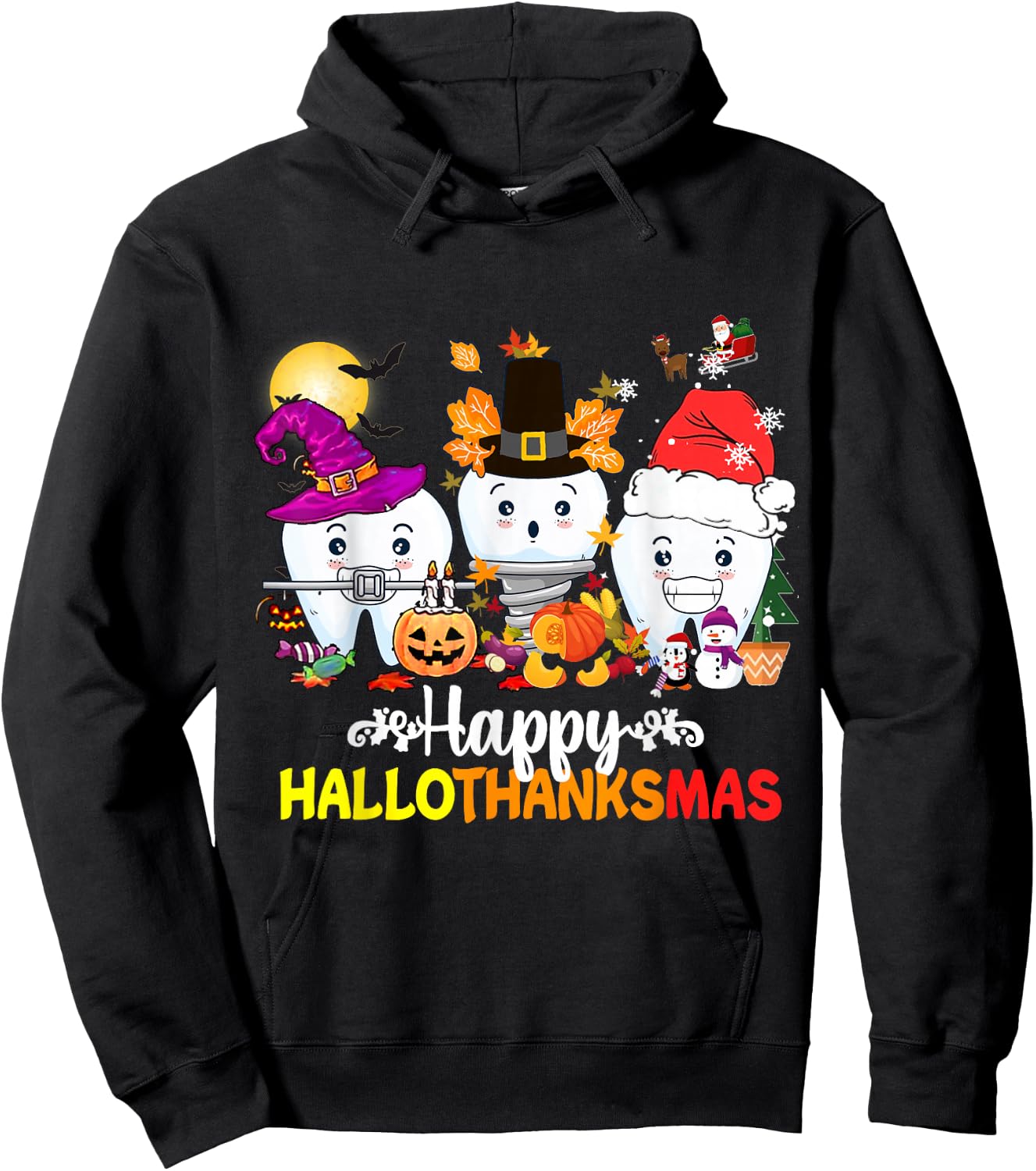 Dental Halloween Thanksgiving Christmas Happy HalloThanksmas Hoodie - Hoodie | Black