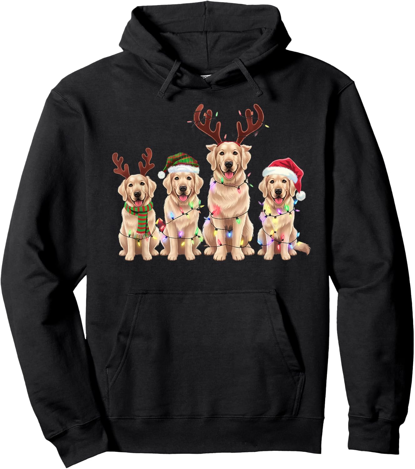 Threadrock -Adults Golden Retrievers Christmas Lights Reindeer Antlers Holiday - Black, Small, Short Sleeve Hoodie - Hoodie | Black