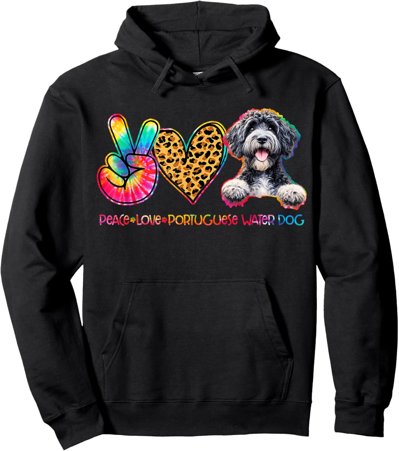 Peace Love Portuguese Water Dog Tie Dye Dog Lover Hoodie - Hoodie | Black