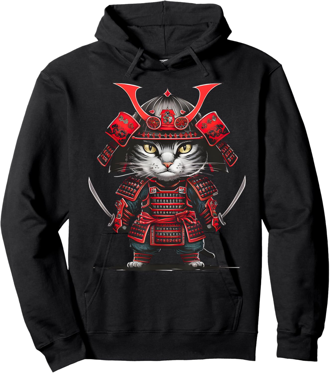 Traditional Japanese Samurai Cat Funny Parody Japanese Anime Men Women Girls Kids Hoodie - Hoodie | Black