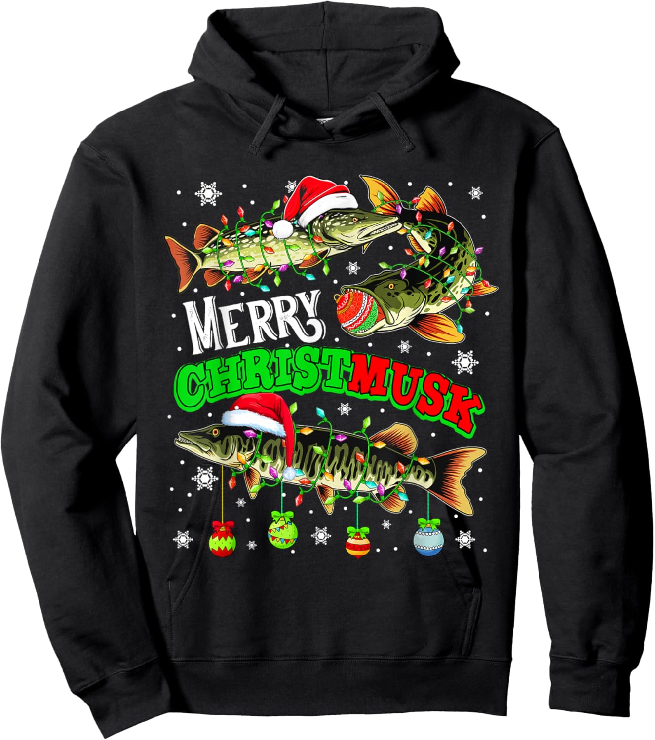 Merry Christmas Musky Three Santa Muskies Fisher Fishing Hoodie - Hoodie | Black