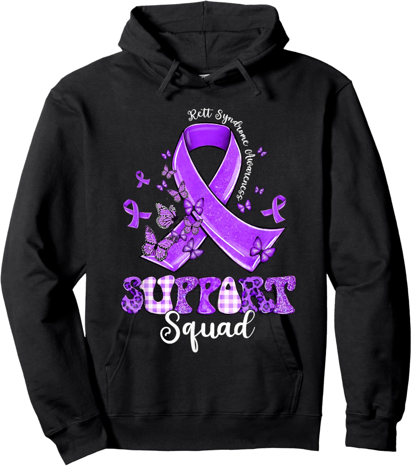 Support Squad Purple Ribbon Butterfly Rett Syndrome Hoodie - Hoodie | Black