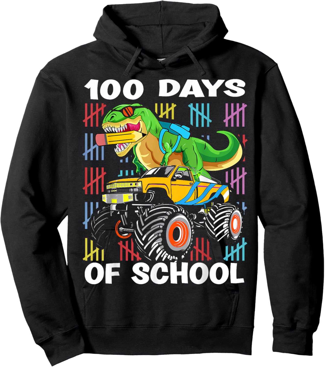 100th Day of School 100 Days School Truck Dinosaur Boys Kids Hoodie - Hoodie | Black