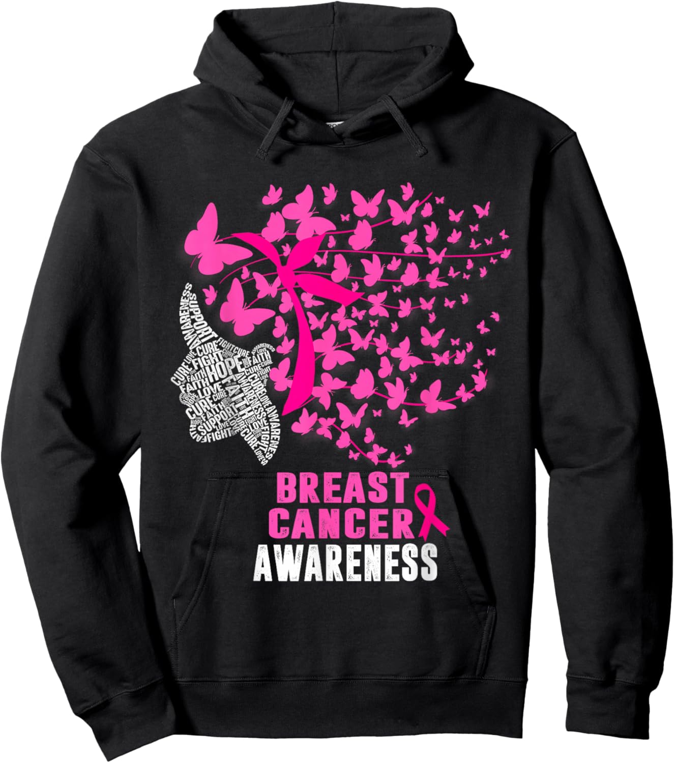 Breast Cancer Awareness Butterfly Pink Ribbon Support Hoodie - Hoodie | Black