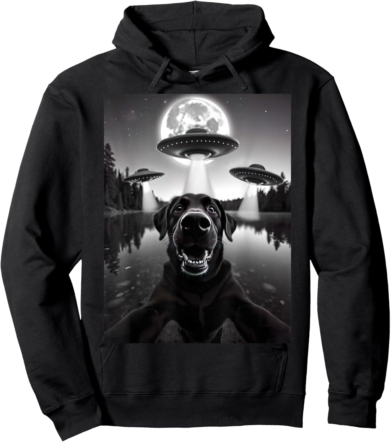 Funny Black Lab Labrador Dog Selfie with UFOs Weird Aliens Hoodie - Hoodie | Black
