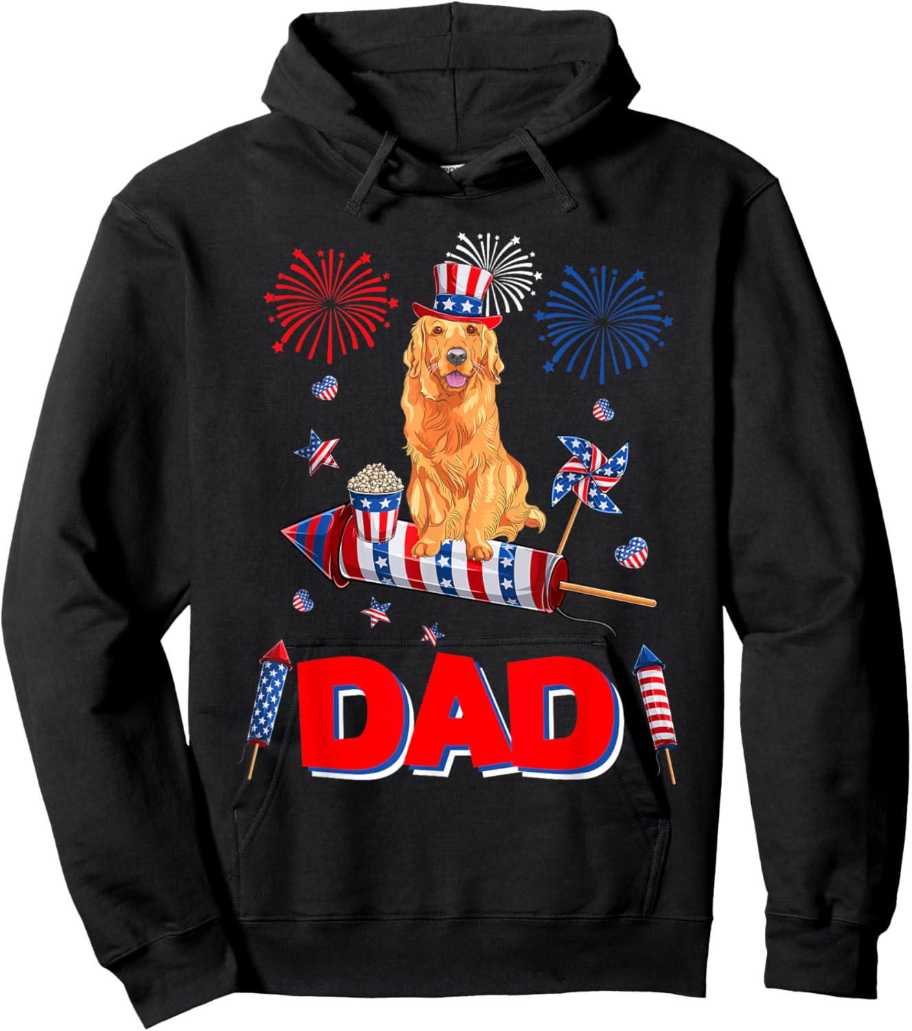 Dad Cute Golden Retriever 4th July American Flag Fireworks Hoodie - Hoodie | Black