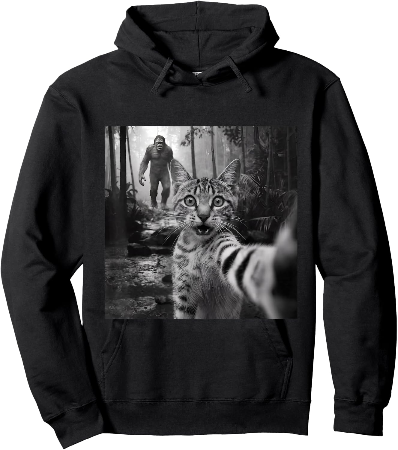 Funny surprised scared cat selfie with sasquatsch bigfoot Hoodie - Hoodie | Black