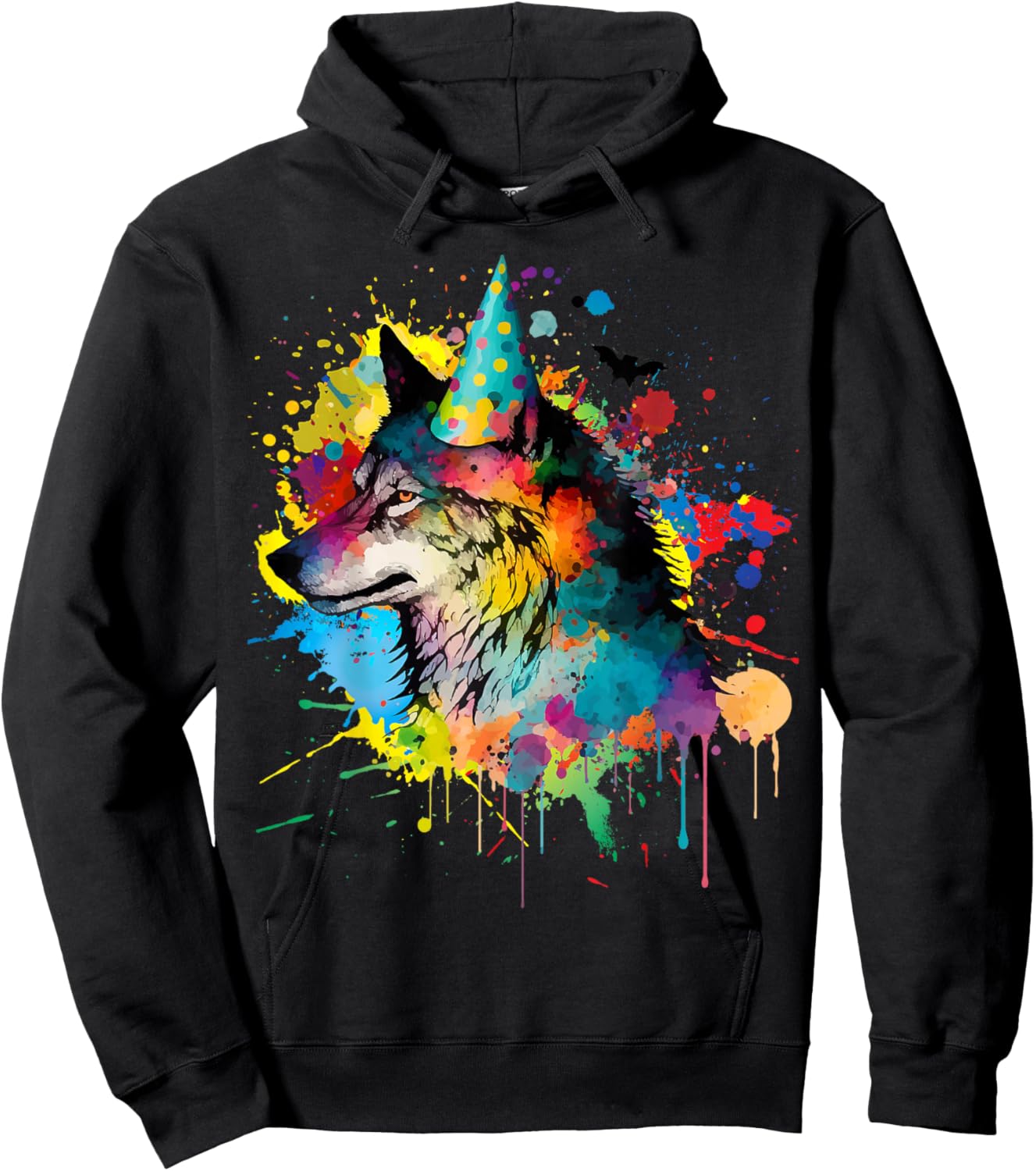 Wolf Birthday Hat Themed Party Wolves Painting Wolf Lover Hoodie - Hoodie | Black