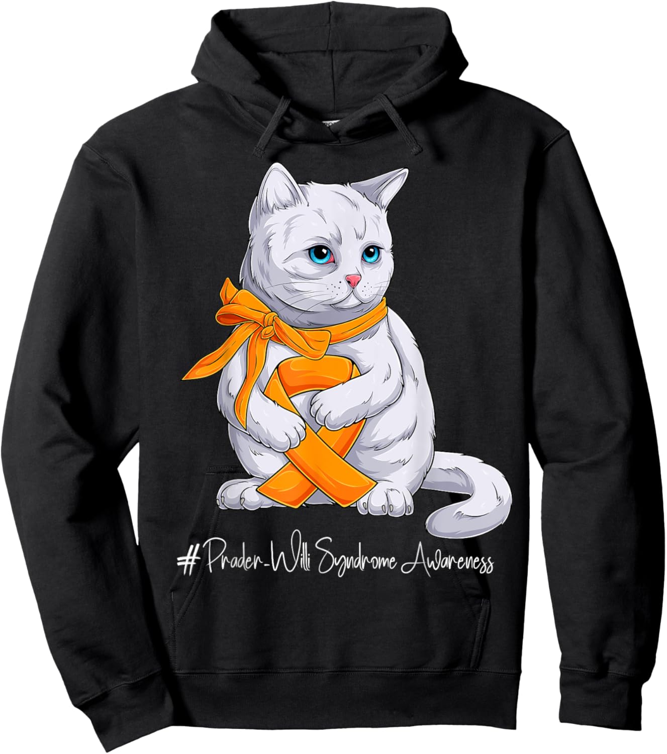Prader-Willi Syndrome Awareness Month Orange Ribbon Cat Hoodie - Hoodie | Black