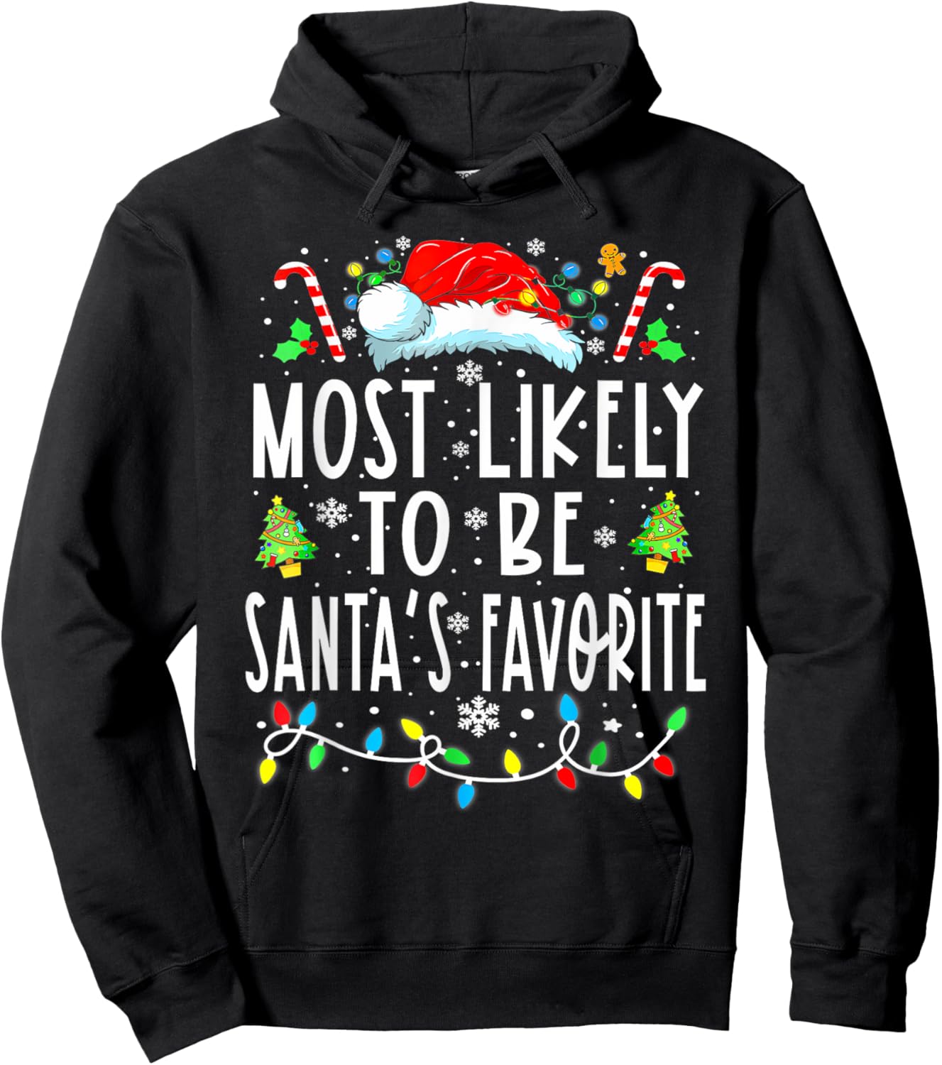 Most Likely To Be Santa's Favorite Matching Christmas Lights Hoodie - Hoodie | Black