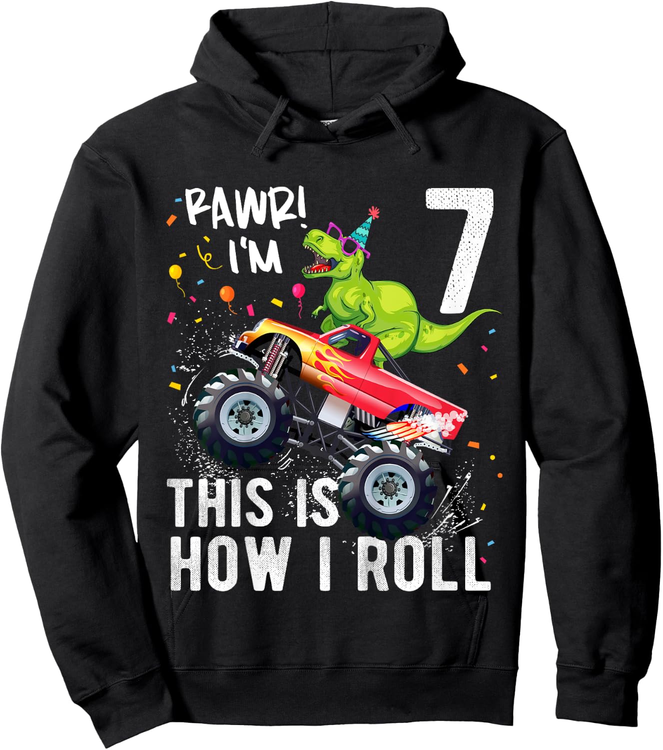 T Rex Dinosaur Monster Truck 7th Birthday Boys and Girls Hoodie - Hoodie | Black