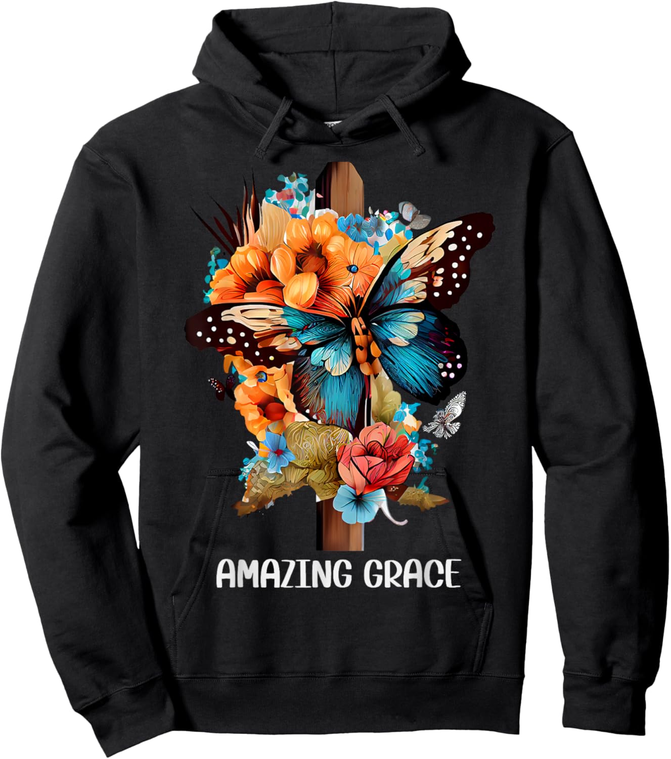 Amazing grace Christian Cross Butterfly Flowers Floral Faith Hoodie - Hoodie | Black