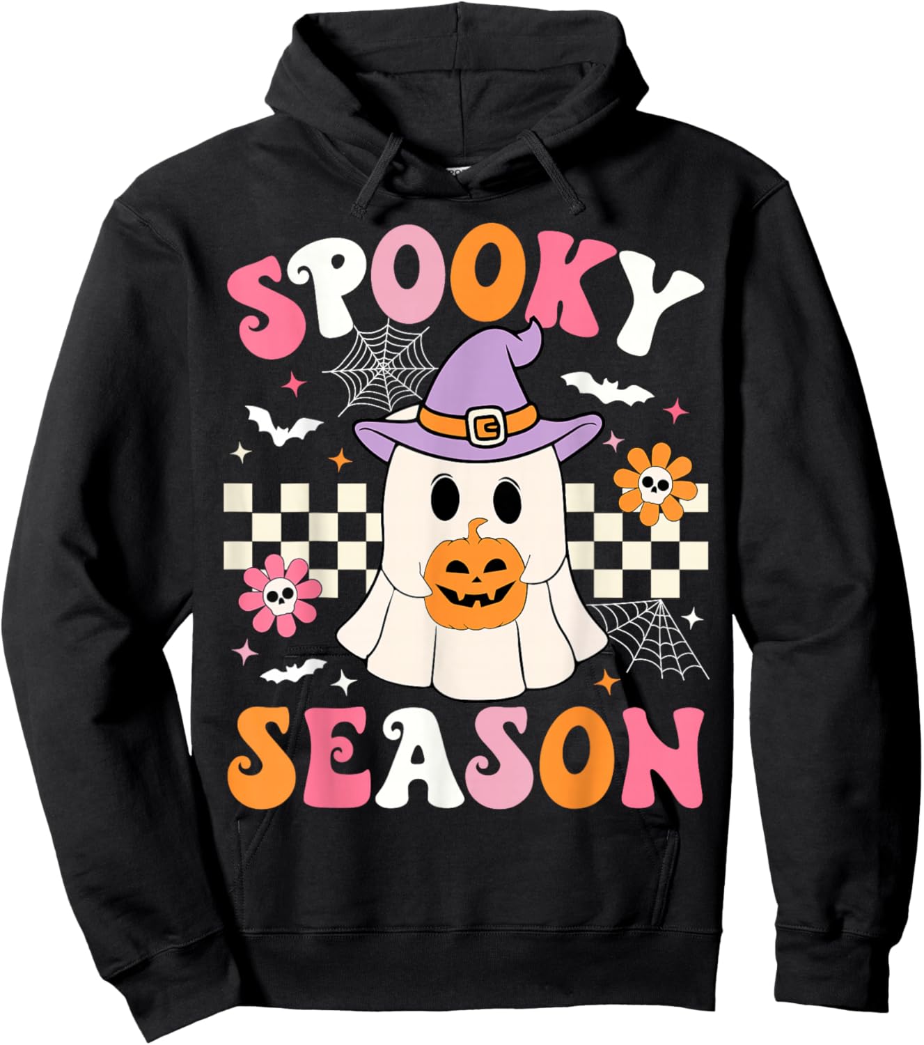 Spooky Season Ghost Holding Pumpkin Groovy Halloween Ghost Hoodie - Hoodie | Black