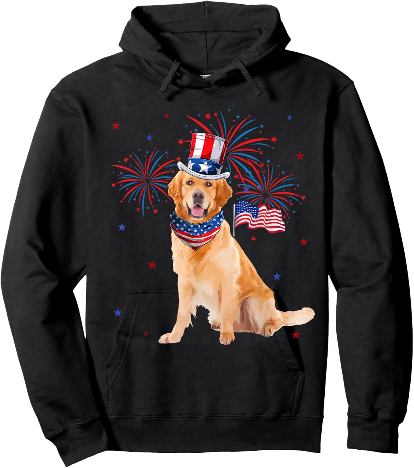 Golden Retriever Costume American Flag 4th of July Fireworks Women Kids Men Hoodie - Hoodie | Black