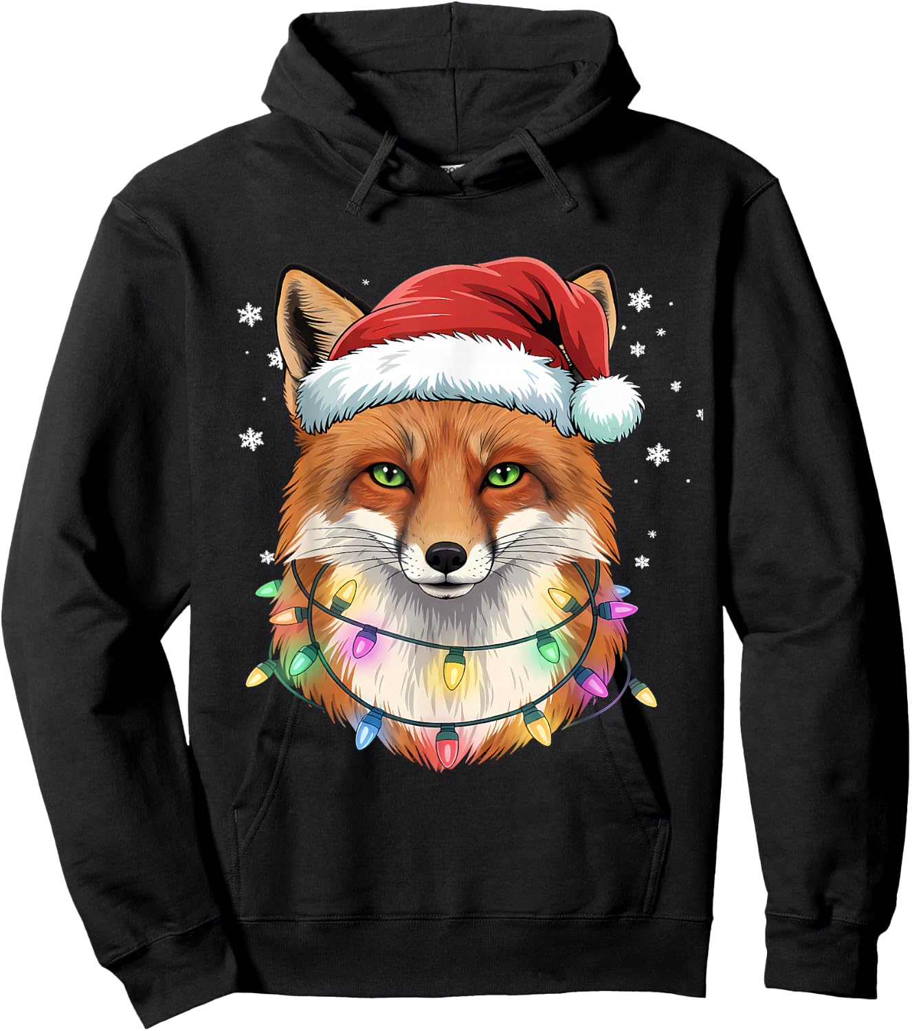 Christmas Lights Fox Santa Hat Cute Xmas Pajamas Hoodie - Hoodie | Black