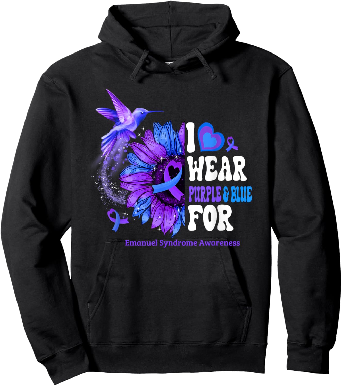 I Wear Purple Blue For Emanuel Syndrome Awareness Sunflower Hoodie - Hoodie | Black