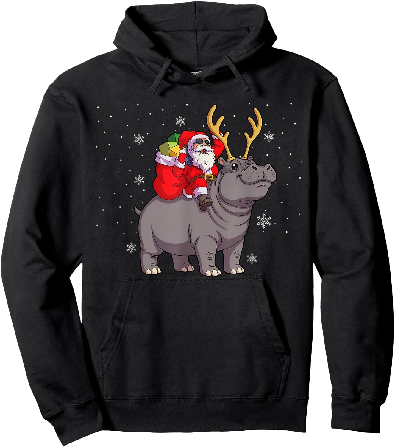 Santa Riding Hippo Deer Xmas Hippo Christmas Hoodie - Hoodie | Black