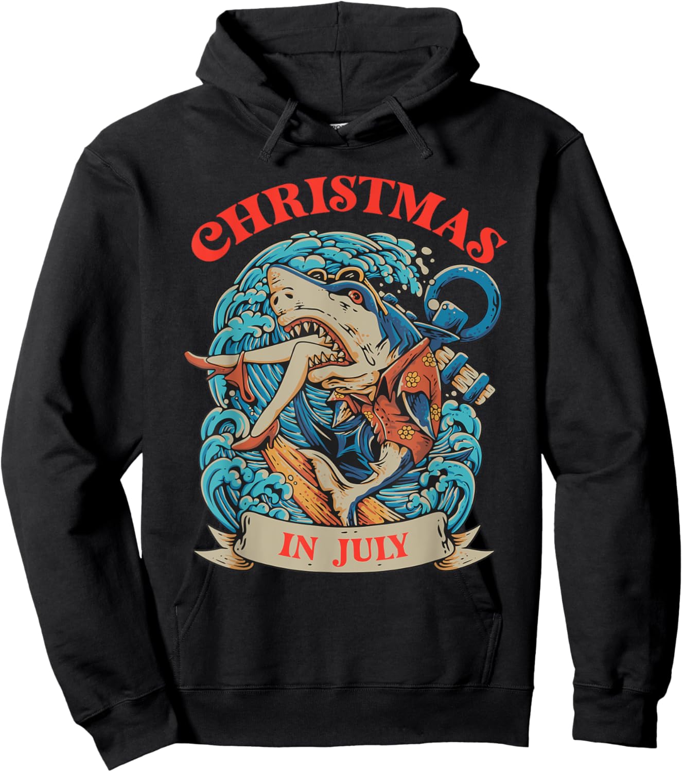 Christmas in July Summer Shark Vacation Xmas Surprise Men Women Kids Hoodie - Hoodie | Black