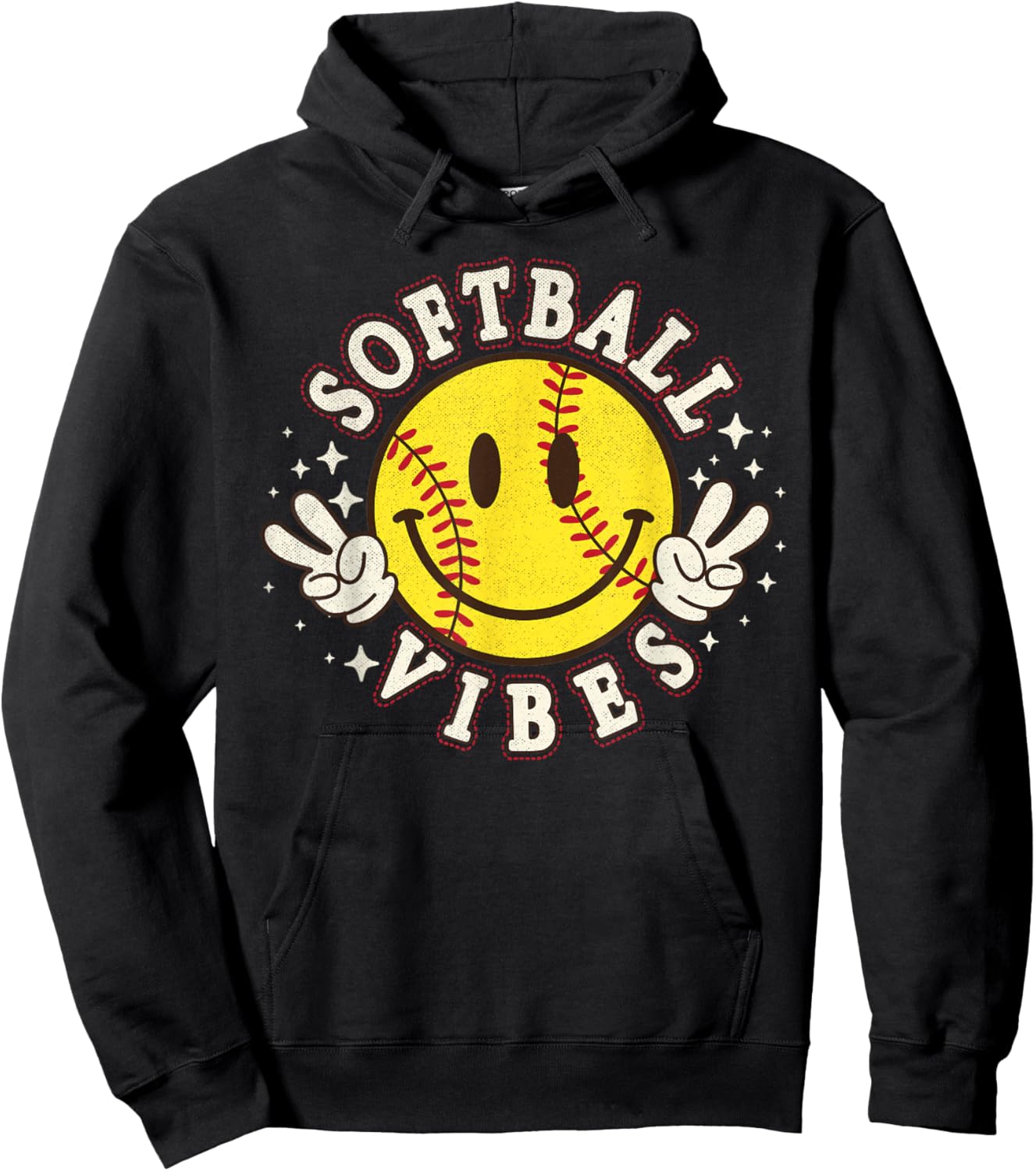 Softball Vibes Smile Face Game Day Softball Life Mom Retro Hoodie - Hoodie | Black