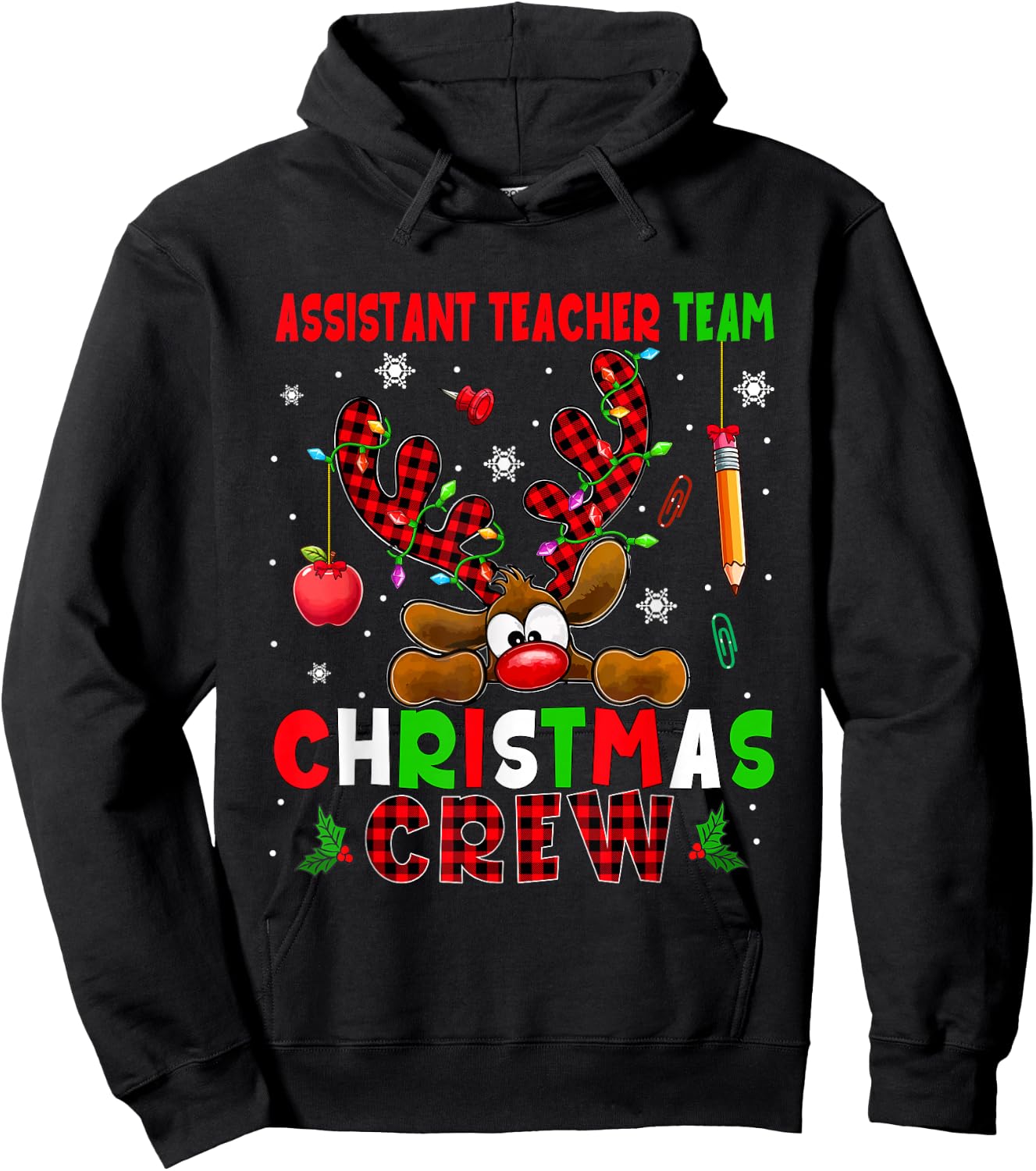 Assistant Teacher Team Christmas Crew Job Colorful Reindeer Hoodie - Hoodie | Black