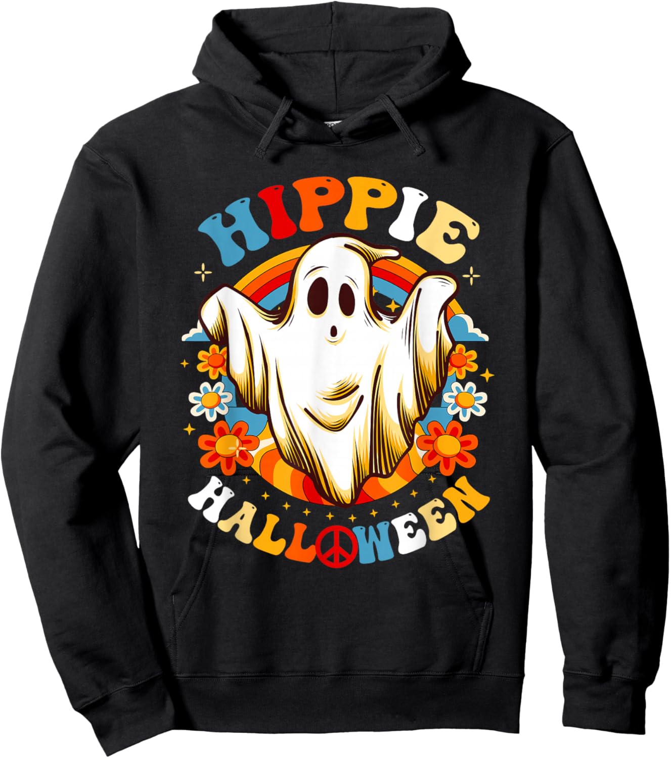 Retro Groovy Peace Hippie Halloween Vintage Floral Ghost Hoodie - Hoodie | Black