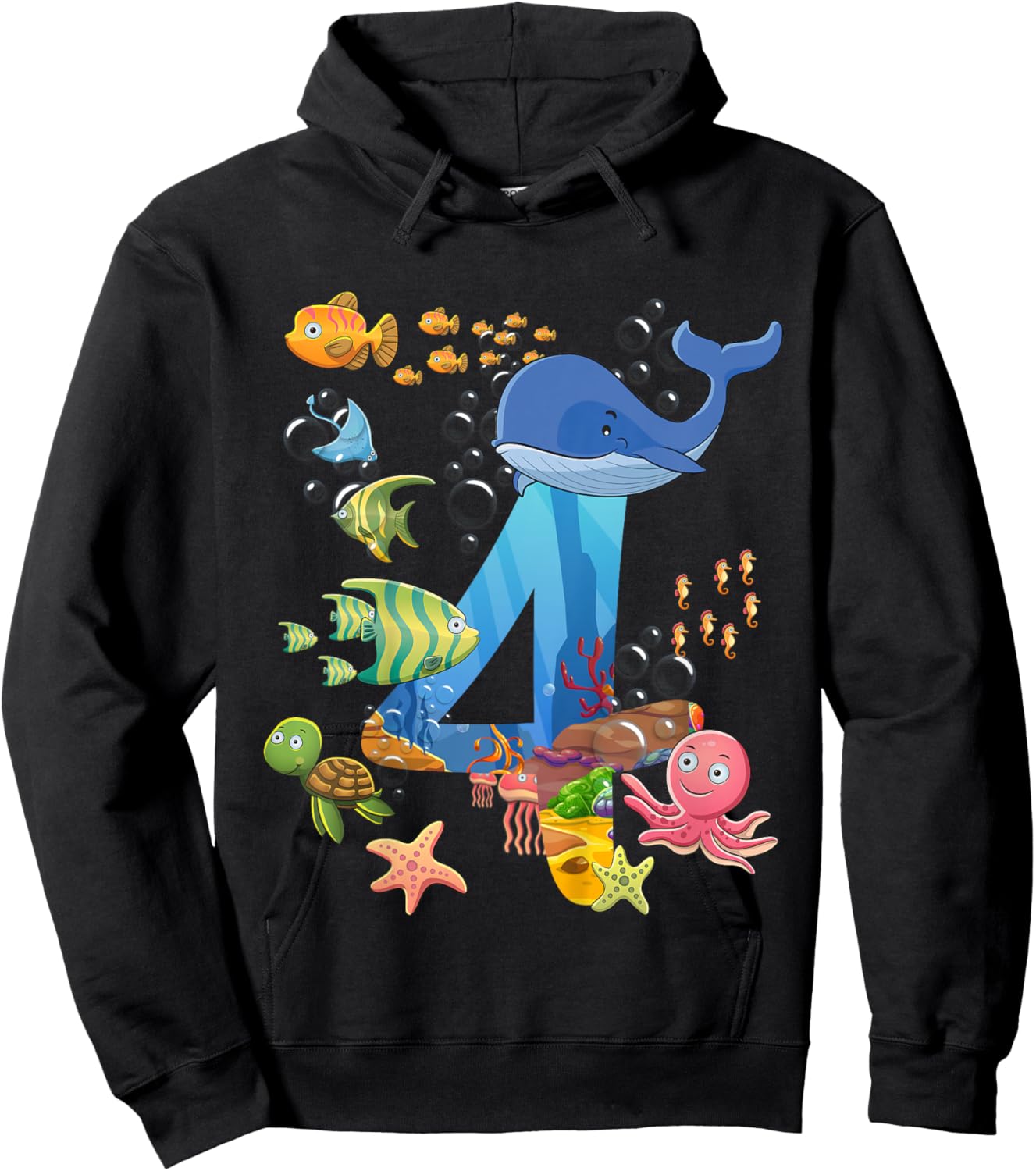 Kids 4 Years Old Sea Fish Ocean Animal 4th Birthday Boy Girl Hoodie - Hoodie | Black