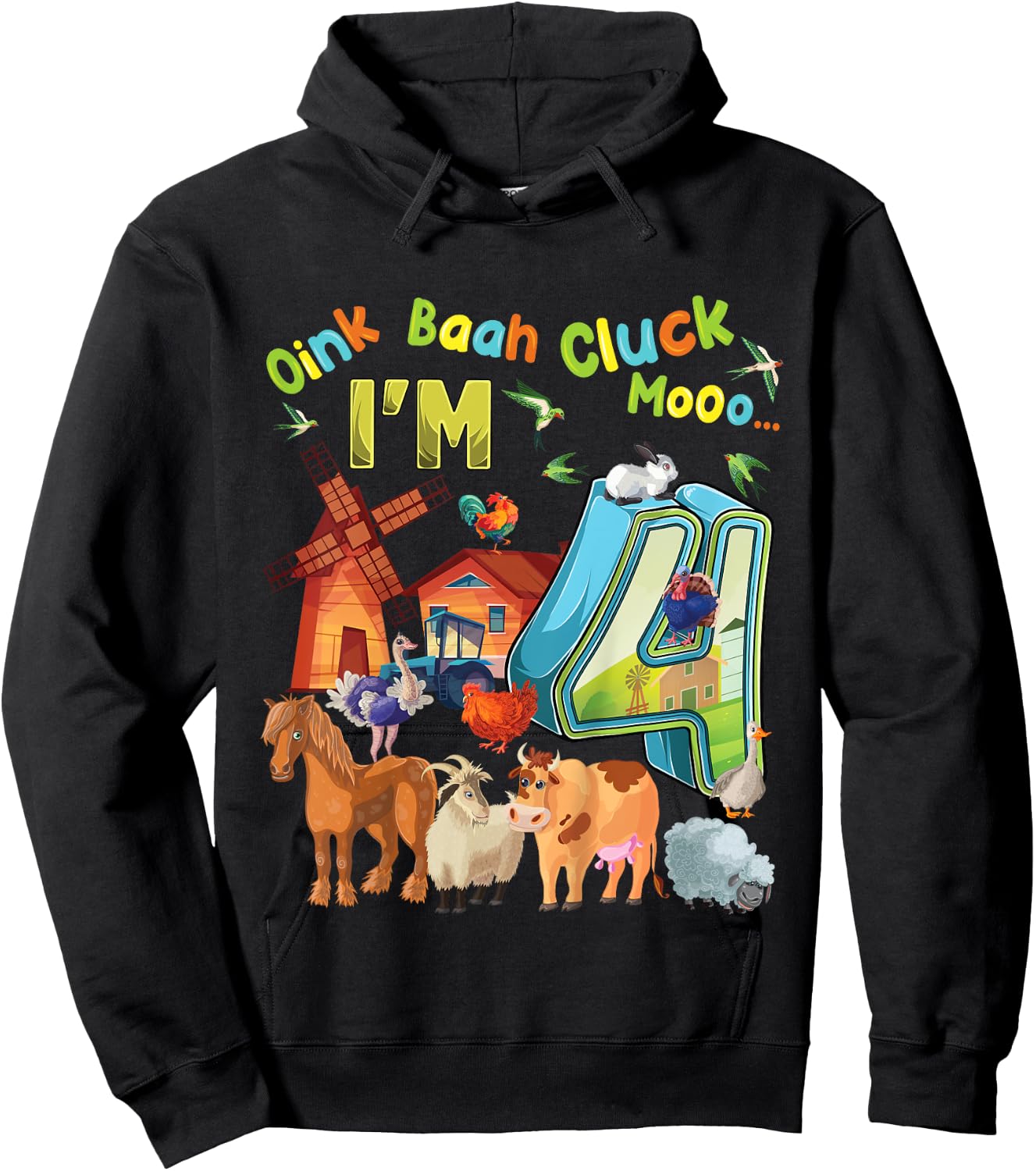 Barnyard 4th Birthday Farm Animals 4 Years Old Farming Hoodie - Hoodie | Black