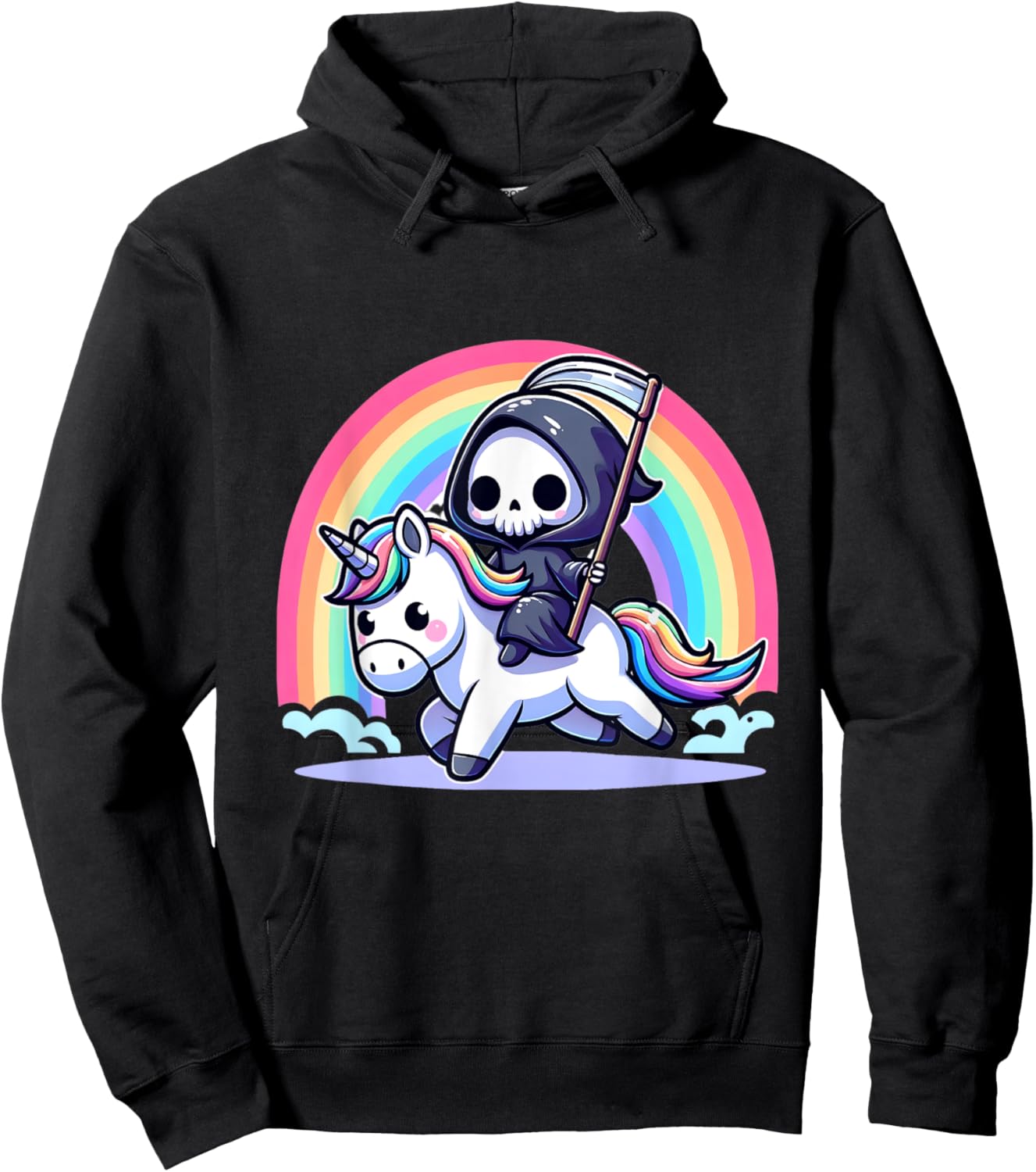 Grim Reaper Riding Unicorn Funny Rainbow Heavy Metal Hoodie - Hoodie | Black